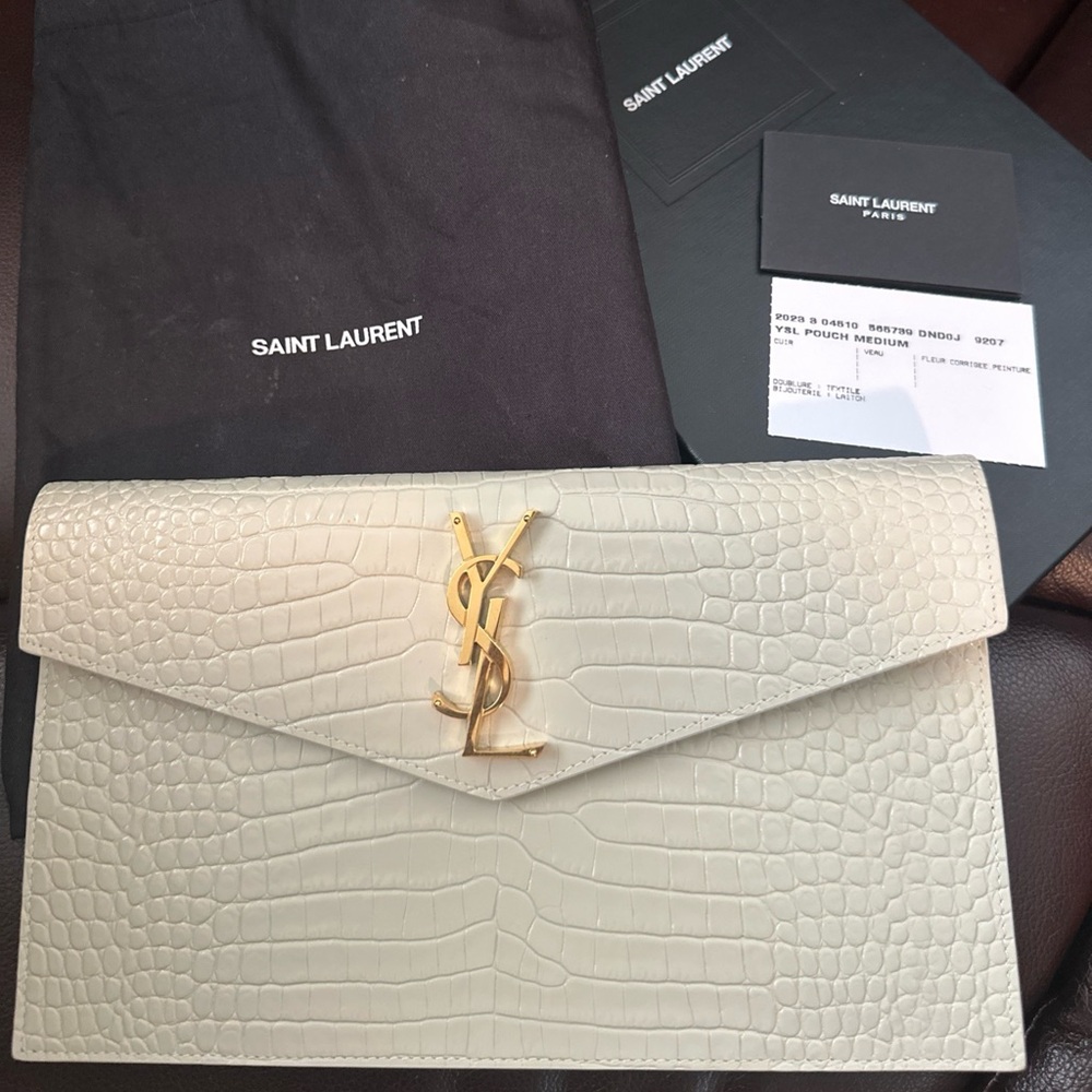 Saint Laurent Ivory Croc Embossed Clutch with Gold Logo